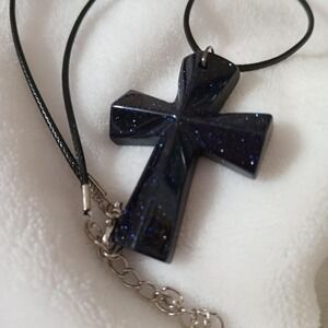 Black Blue sparkle natural stone cross Necklace